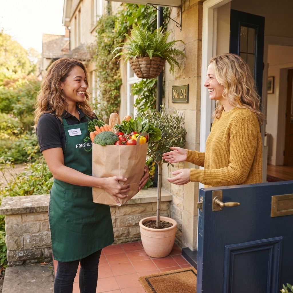A friendly delivery person handing a bag of fresh groceries to a customer